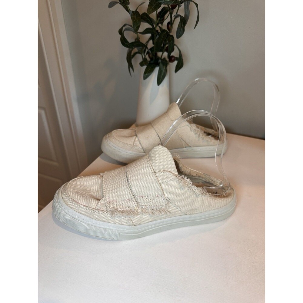 Zara Trafaluc Beige Canvas Raw Edge Mule Sneaker Slip On Shoes Womens Size 7.5